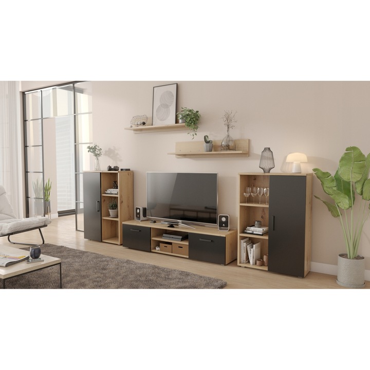 Living/Biblioteca, MATKAM, Herkules, 5 x Dulapuri, Aspect mat, Montaj modular, PAL/HDF, Stejar Artisan/Negru