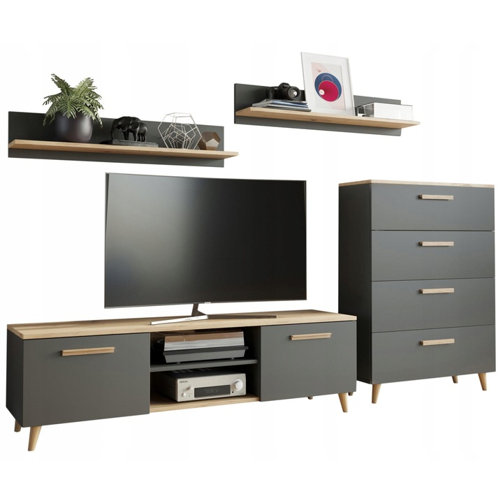 Living/Biblioteca, MATKAM, Fiord, 4 x Dulapuri, Aspect mat, Montaj modular, PAL/HDF, Gri inchis