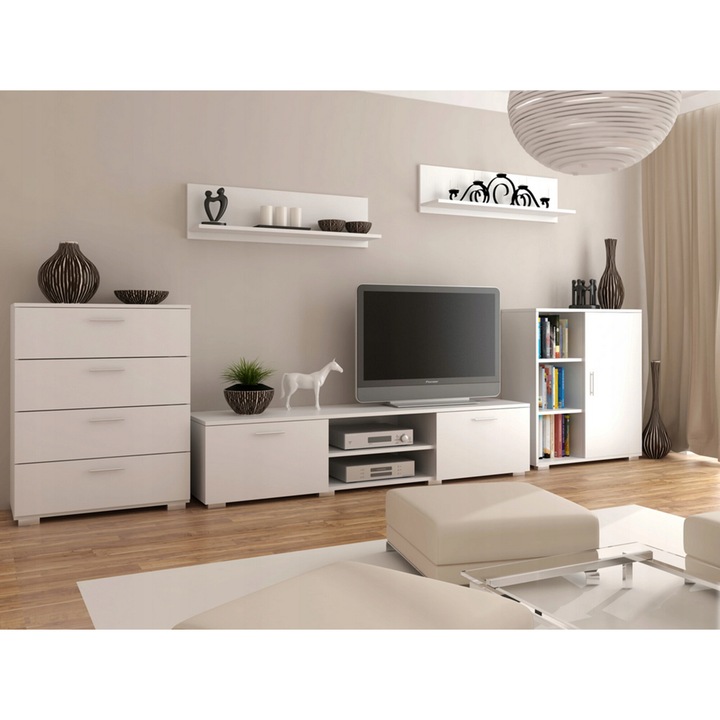 Living/Biblioteca, MATKAM, Chopin 2, 5 x Dulapuri, Aspect mat, Montaj modular, PAL/HDF, Alb