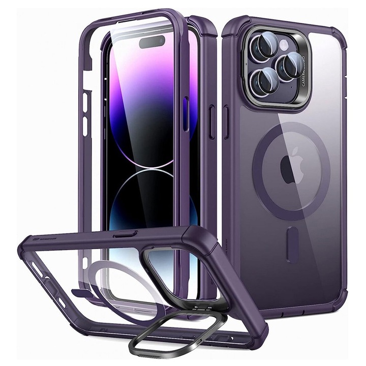 Husa compatibila cu iPhone 14 Pro Max + Folie, RAO Premium Grip, ru iPhone 14 Pro Max + Folie - ESR Shock Armor Kickstand HaloLock, M48, Premium Lexgard, Clear Purple