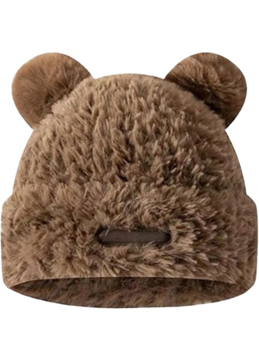 Caciula tricotata de iarna cu urechi de urs, Sunmostar, khaki, dimensiune unica, 55-59 cm
