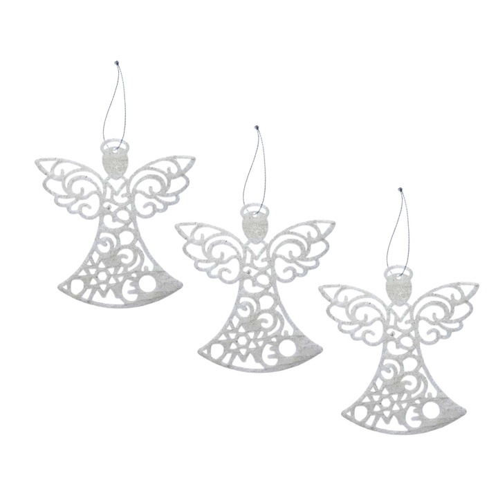 Set 3 bucati, Ornamente pentru brad, tip Ingeras, acoperite cu sclipici, Albe