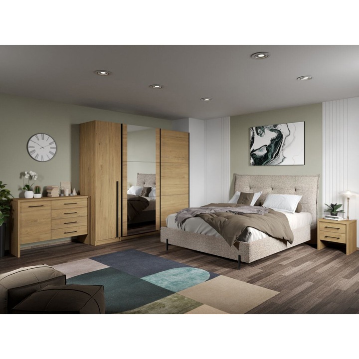 Set Mobila Dormitor, Axel tapitat, C16, Pat 160x200, 2 Noptiere, Comoda si Dulap 2.31m