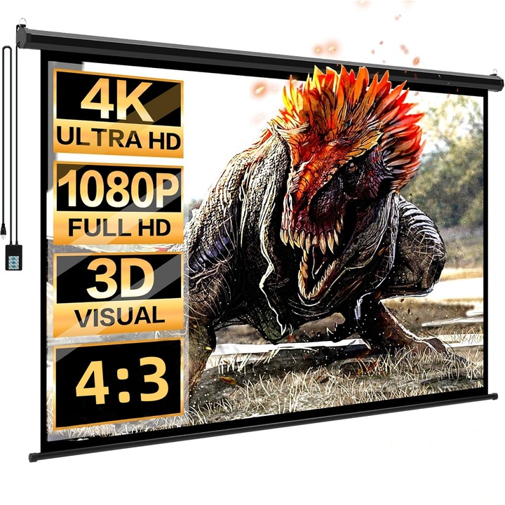 Електрически HD прожекционен екран, GOSTOCK®, 1080P/3D поддръжка, 4K Cinema Level, идеален за домашно кино, на закрито/на открито, 92 инча, 4:3, черен