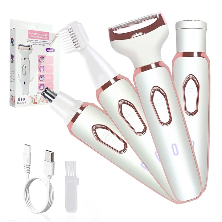 Epilator, Aparate de ras electrice, aparat de ras electric fara fir 4 in 1 pentru femei, aparat de ras reincarcabil, nedureros, pentru tunsori de bikini, indepartarea parului umed si uscat pentru fata, corp, picioare, antebrat, impermeabil, USB, Alb