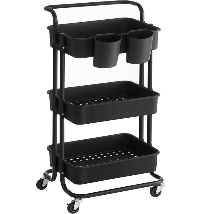 Carucior de depozitare pe roti SONGMICS, pentru bucatarie sau baie, cu 3 nivele, 42x34x86 cm, negru