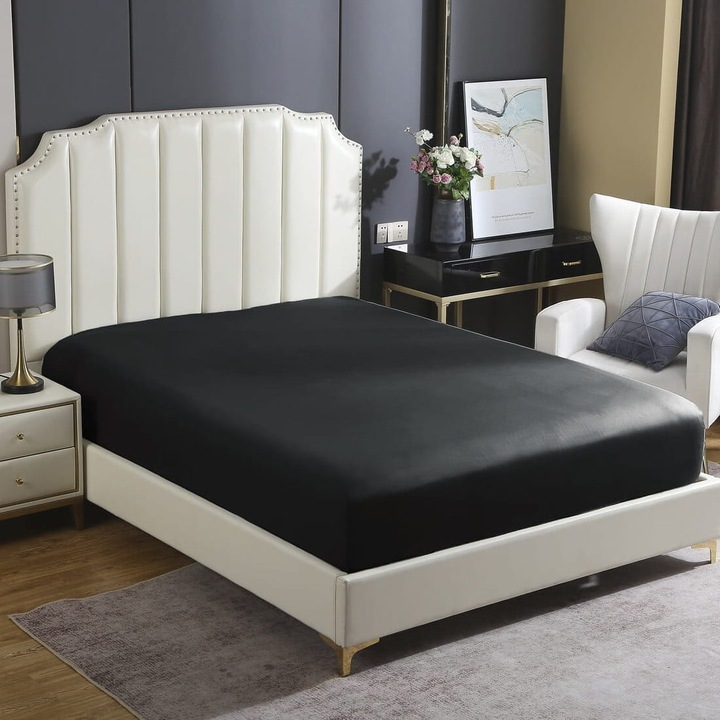 Cearceaf cu elastic, 90x200+30cm, bumbac satinat, negru