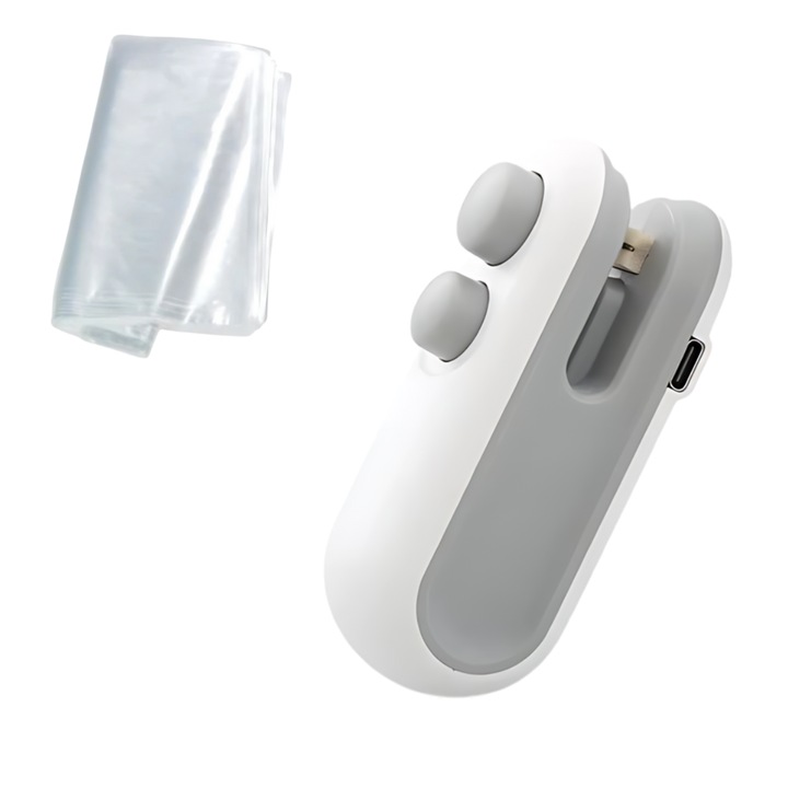 Aparat de sigilare cu 100 de pungi de 2kg incluse, USB-C, Magnet, Cutter integrat, Alb