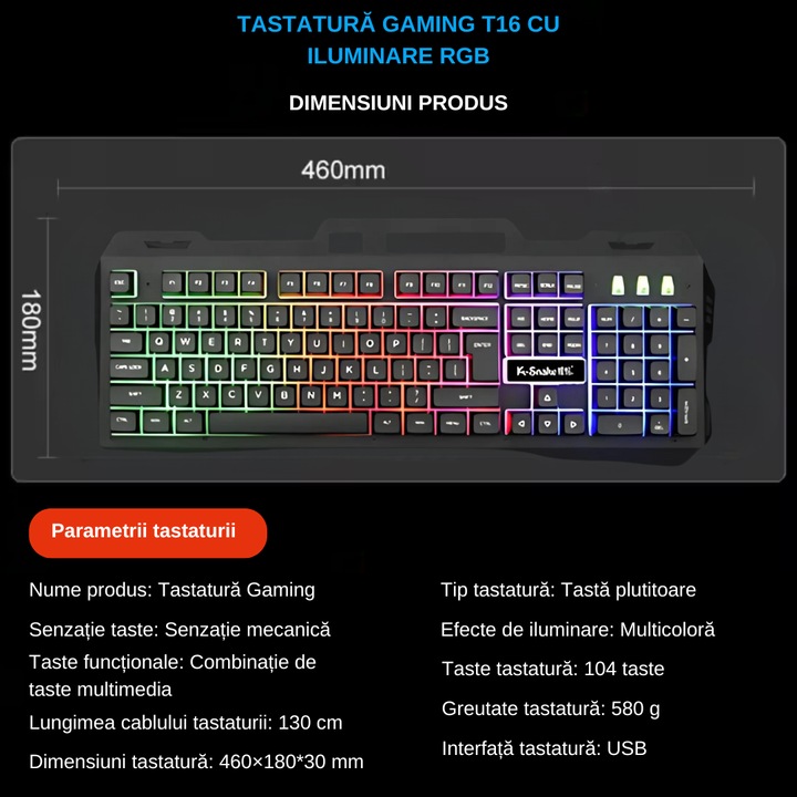 Комплект за игри Механична клавиатура и кабелна мишка с Rainbow RGB осветление, USB кабел, PBT двойни клавиши, 104 бутона, Ергономичен дизайн, Водоустойчивост, Прахоустойчив, Твърд материал, С държач за телефон, Превключваем DPI, За игри
