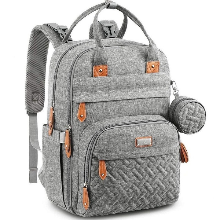 Раница за пелени с постелка за повиване Презрамки за количка Водоустойчиви отделения Светлосива 16,5x8x12 инча