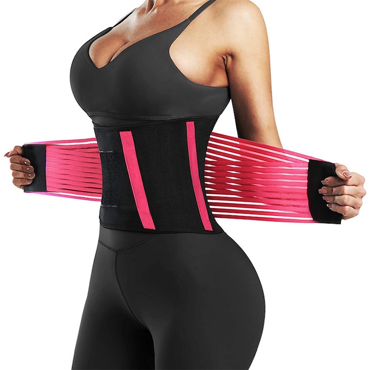 ﻿ Centura de slabit, tip corset, refacere postnatala, suport lombar, compresie dubla, talie si abdomen, Elastan, neopren, modelare, corector postura, 90cm, roz ﻿