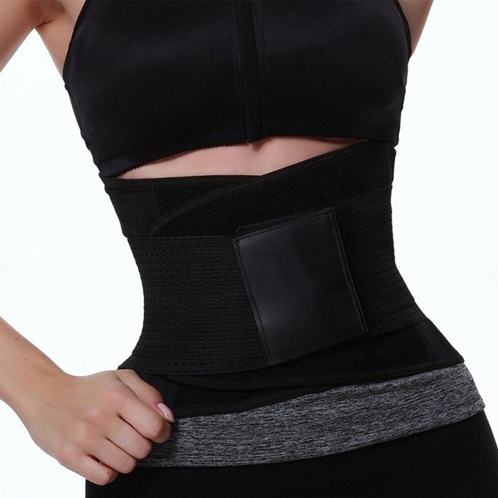 Centura abdominala fitness Premium, JENUOS®, pentru slabit, modelarea taliei sau suport lombar tip corset din neopren, talie viespe, pentru circumferinta 80-90 cm, cu dublu sistem de compresie, Marimea XL, Negru