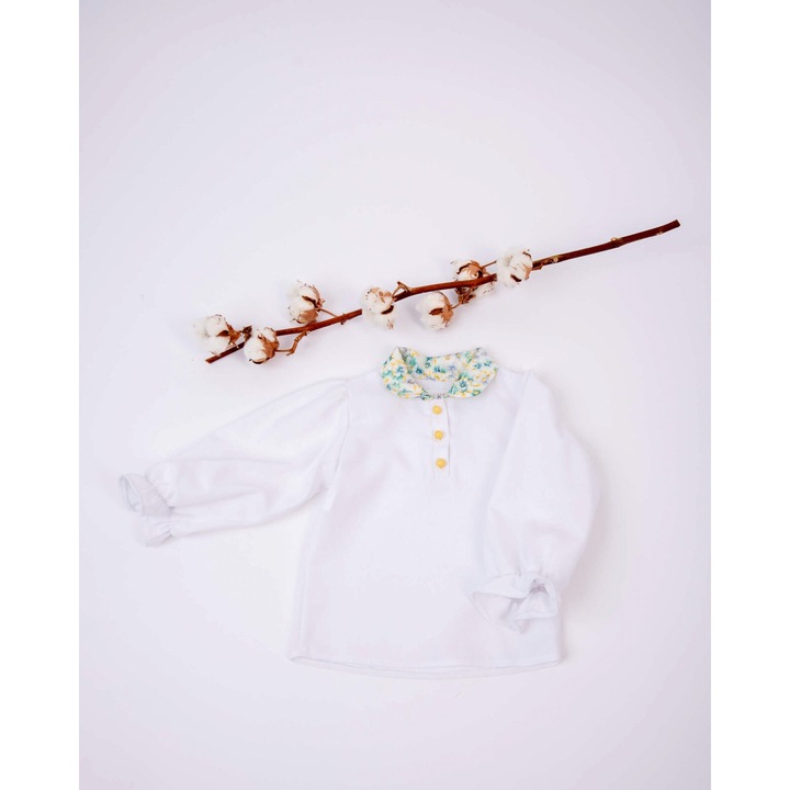 Bluza din in cu maneca lunga bufanta si guler cu imprimeu floral albastru, Alb/Galben/Albastru