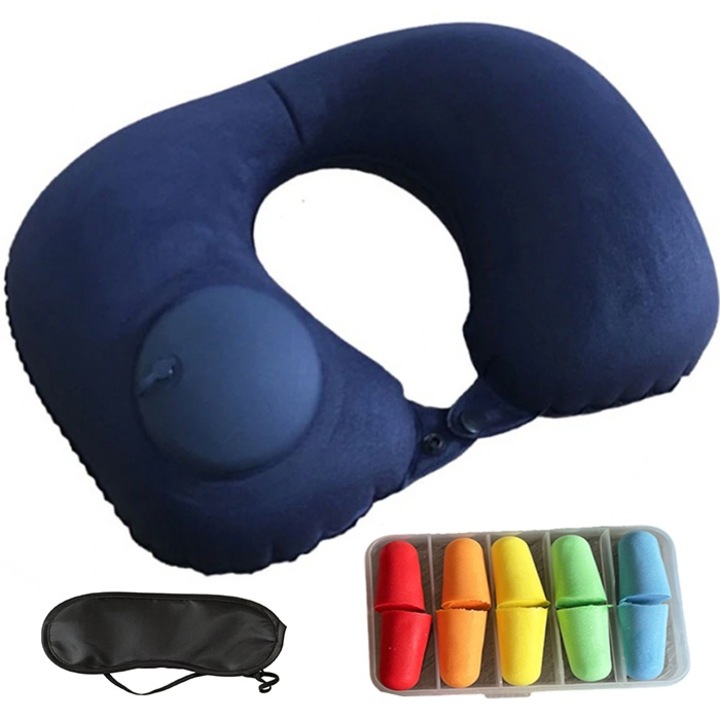 Set Perna de Calatorie cu Sistem de Umflare, cu Masca de dormit si 10 dopuri de Urechi din silicon, Evita Durerile de Gat si Umar, Accesoriu de voiaj pentru drumuri lungi, Bleumarin AK5252