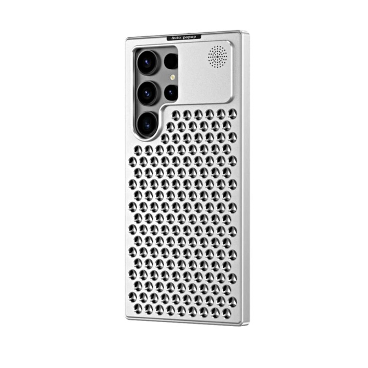 Калъф за ароматерапия CRISTALIS SALE™, съвместим със Samsung Galaxy S24 Ultra, защита срещу удари, надраскване, камера и защита от прегряване, алуминиева сплав, сребро