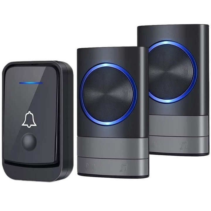 Sonerie fara fir wireless ESensio Q189-2, pentru usa poarta, digitala, 52 melodii, 110 dB, de exterior, rezistenta la apa IP44, distanta 200m, electrica, cu baterie 12V23A, doua receivere, negru