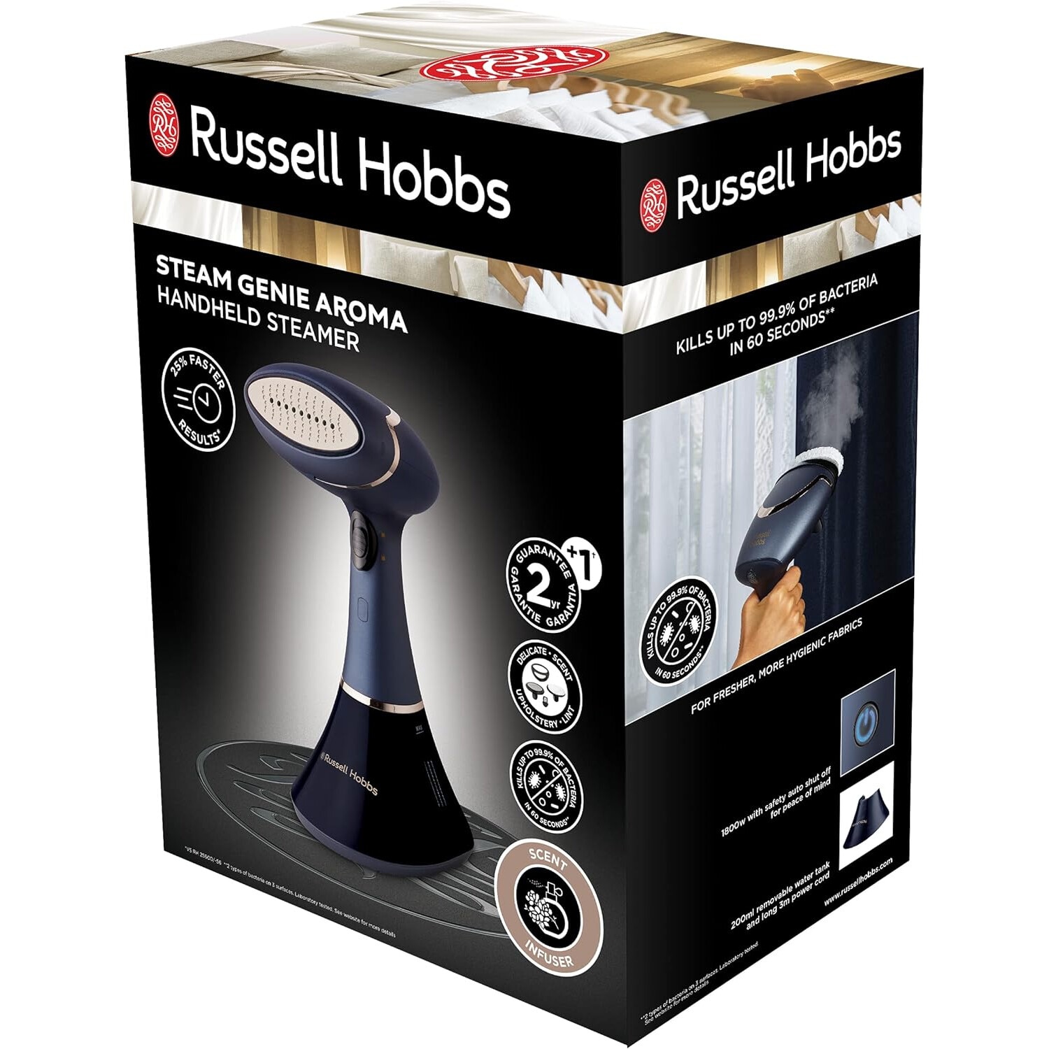 Aparat de calcat vertical cu abur Russell Hobbs Steam Genie Pro Aroma, 1800W, 32 g/min, 200ml, 4 accesorii, Albastru