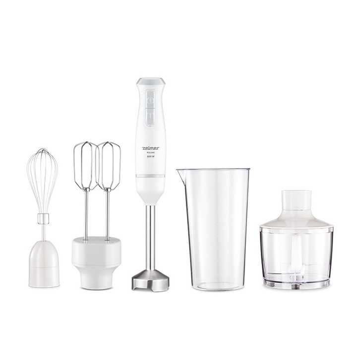 Многофункционален вертикален миксер Zelmer ZHB4563S, 800 W, турбо функция, аксесоар за разбиване, аксесоар за смесване, бял
