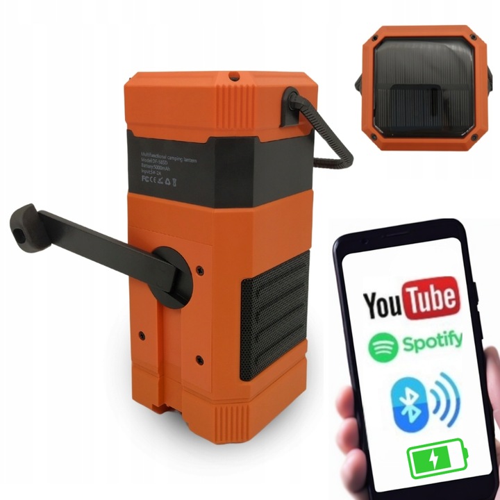 Radio solar cu lumina LED, Bivacc, Banca de energie incorporata 5000 mAh, Rezistent la apa, praf si socuri, Raza de actiune Bluetooth 10 m, Calitate ridicata a sunetului - HiFi Sound, Maro