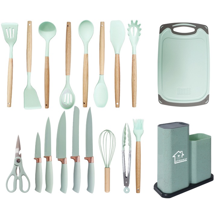 Set ustensile bucatarie 19 piese Lemn si Silicon alimentar, Cutite, Tocator, Termorezistente, Antiaderente, Suport Blat, Welora™, Verde