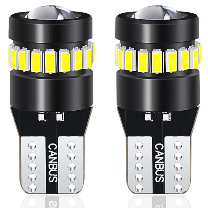 Két T10 LED izzó, 18 db SMD 3014 chip és egy SMD 3030 chip, 155 lumen ultra-fényesség, 6500K fehér fény, autó LED parkolófények/oldalsó helyzetjelző lámpák, alkalmas szedánokhoz vagy off-road versenyekhez
