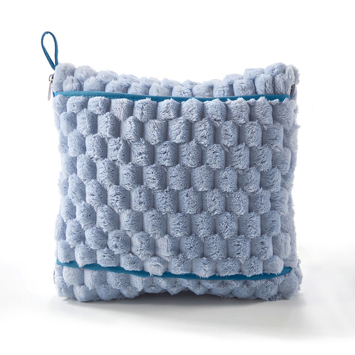 Patura si perna de calatorie 2in1, zioda smart essentials®, pentru voiaj cu avion, tren, autocar, masina, drumetii, relaxare, moale, calduroasa, portabila, prevazuta cu maneca pentru fixare pe troller si agatatoare rucsac, 29x29 cm / 90x140 cm, albastru