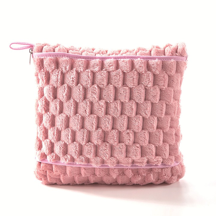 Patura si perna de calatorie 2in1, zioda smart essentials®, pentru voiaj cu avion, tren, autocar, masina, drumetii, relaxare, moale, calduroasa, portabila, prevazuta cu maneca pentru fixare pe troller si agatatoare rucsac, 29x29 cm / 90x140 cm, roz