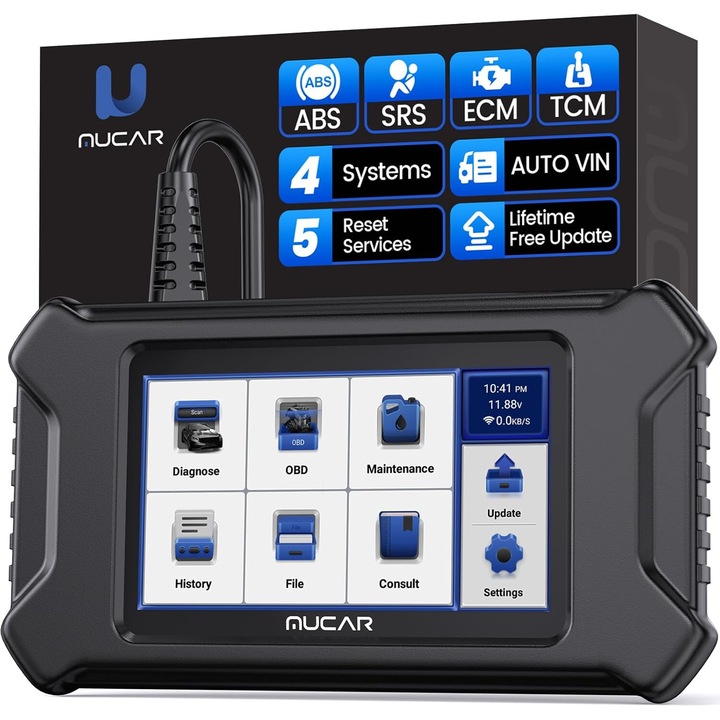 OBD2 автомобилен тестер, с 4 диагностични системи ABS/SRS/ECM/TCM и 5 сервизни функции за масло, EPB, SAS, TPMS, ETS, Android 7.0, четене и изтриване на кодове за грешки, данни на живо, O2 сензорен тест, EVAP тест, мулти- марка