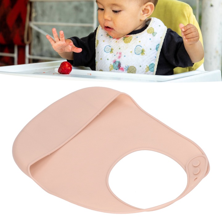 Szilikon előke, Jormftte, rózsaszín, 29x22cm, vízálló, morzsazsebbel, állítható