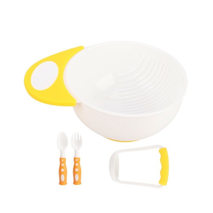 Jormftte bébi etetőkészlet, pürés tál, kanál, villa, pürésítő, sárga és fehér