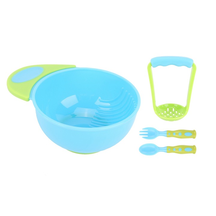 Jormftte baba etetőkészlet, kék és zöld, tartalmaz pépesítő tálat, kanalat, villát, pépesítőt.