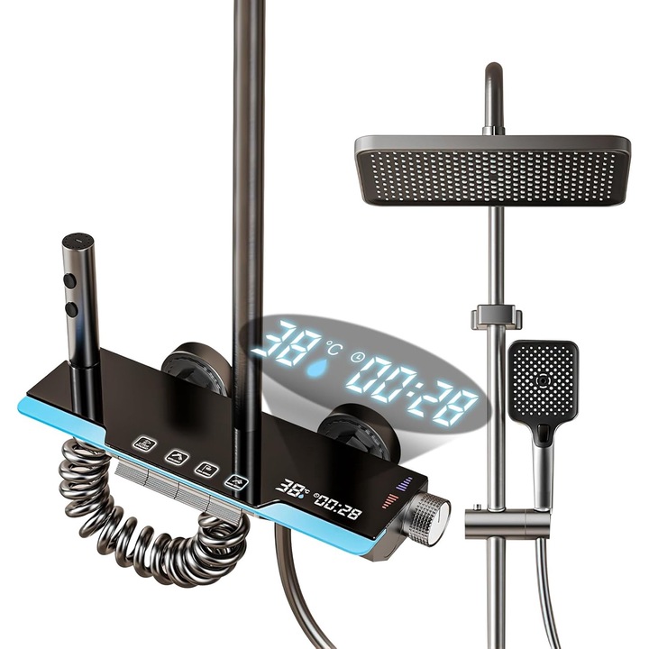 Set de dus QUTEK DeLuxe cu para dreptunghiulara, afisaj digital, iluminare led, montare perete, 4 functii de curgere a apei, dus tip ploaie, dus de mana, design modern, sistem de dus, crom