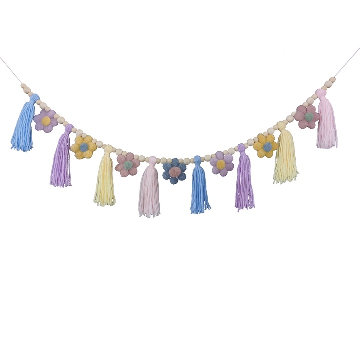 Decoratiune suspendata din bumbac cu margele din lemn, 95x13cm, multicolor