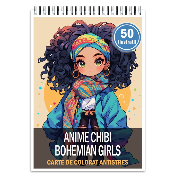 Carte de colorat pentru relaxare si antistres, 50 de ilustratii, Anime Chibi Boemian Girls, Editura Legendary Print, 106 pagini