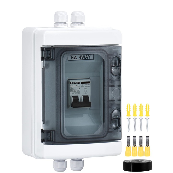 Set tablou de sigurante cu siguranta automata 60A curent continuu si alternativ DC 12V-400V sau AC 90V-400V, 2 poli, intrerupator automat pentru sistem fotovoltaic in carcasa impermeabila IP65