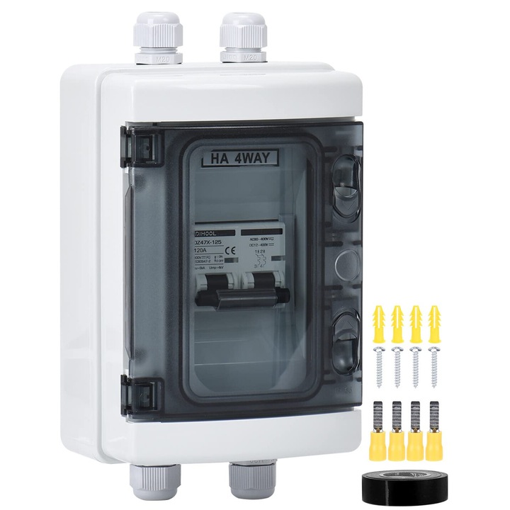 Set tablou de sigurante cu siguranta automata 120A DC 12V-400V sau AC 90V-400V, 2 poli, intrerupator solar automat pentru sistem fotovoltaic in carcasa impermeabila IP65