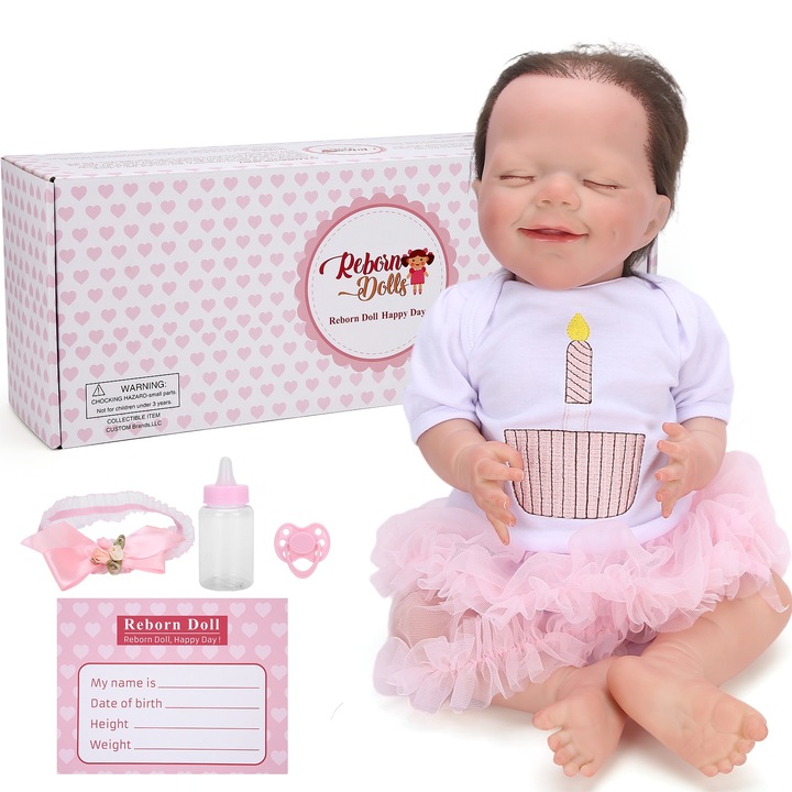 20 hüvelykes újjászületett baba, alvó mosollyal, babajáték fejpánttal