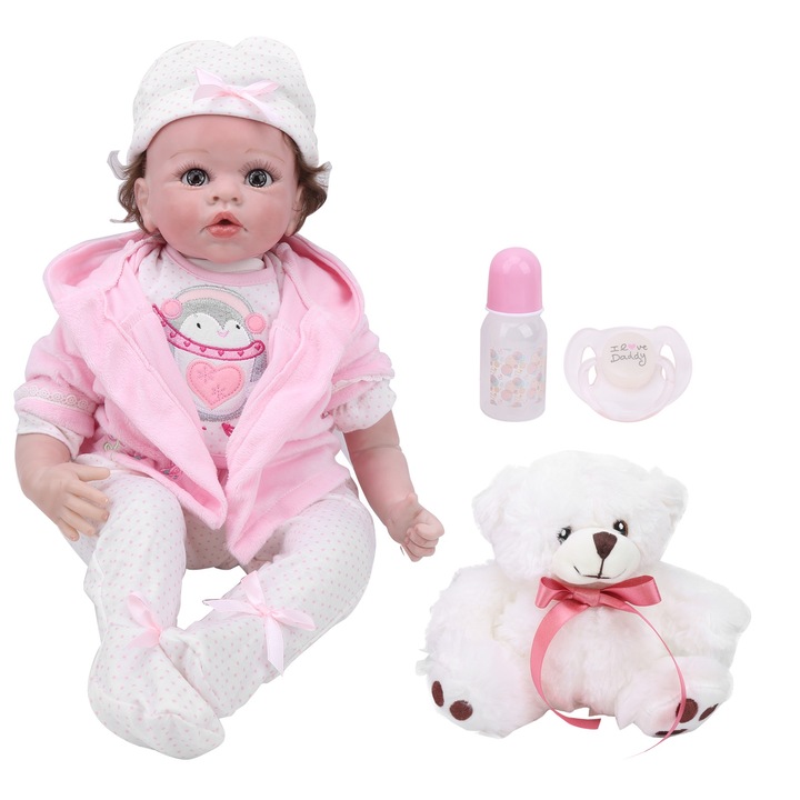Кукла бебе Mmgoqqt, 55 см, мека коса, розови дрехи