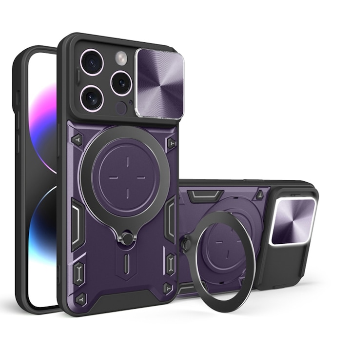 Калъф SurveilPro Back 360° Ring Design Lens Cover, Съвместим с Apple iPhone 16 Pro, OPTIM SOLUTION, Advanced Protection, Magnetic Function, Bumper Antishock, Premium Core Protection, Rotating Stainless Steel Ring Support, Purple