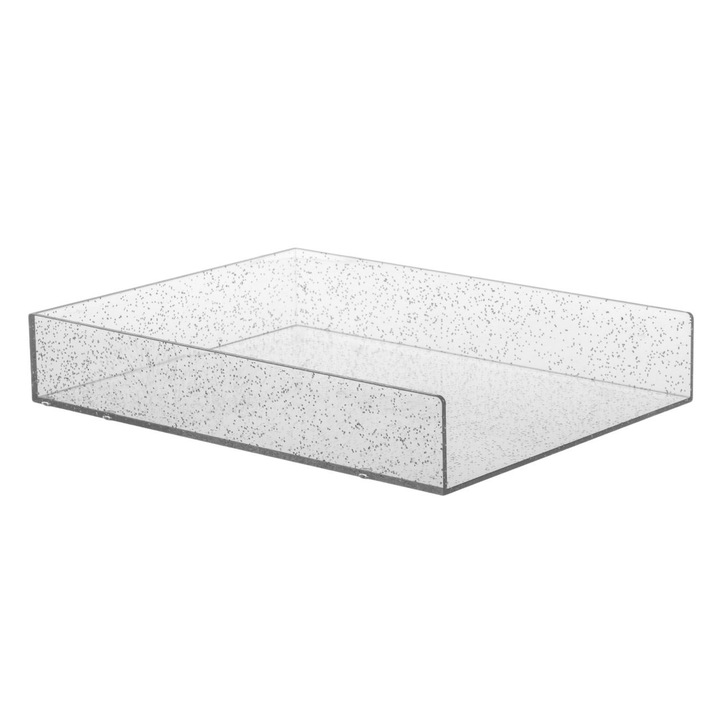 Tavita organizatoare de birou Antbro®, din plastic transparent cu glitter argintiu, 30.5 x 24 x 5 cm