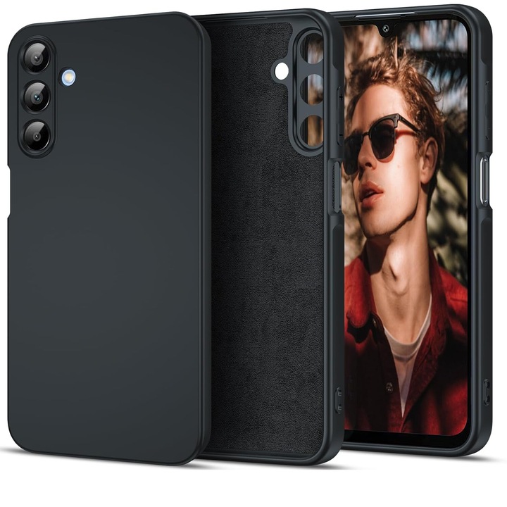 Калъф за телефон, съвместим с Samsung A55 5G, Мек силикон, Против изпускане, защита на камерата, вътрешност от микрофибър, повдигнати ръбове за защита на екрана, черен