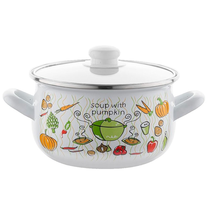 Тенджера, със стъклен капак, неръждаема стомана, емайлирана, бяла, 20см-4.2л, FLORINA