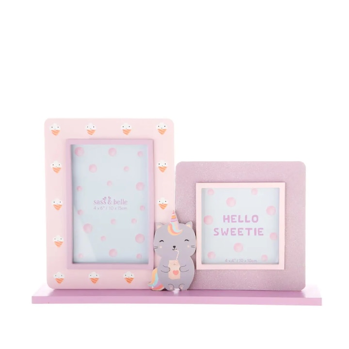 Rama foto dubla, Sass & Belle, Luna Caticorn, Plastic, 10x15cm/10x10cm, Roz/Roz inchis