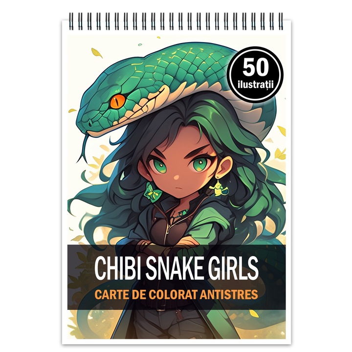Carte de colorat pentru relaxare si antistres, 50 de ilustratii, Chibi Snake Girls, Editura Legendary Print, 106 pagini