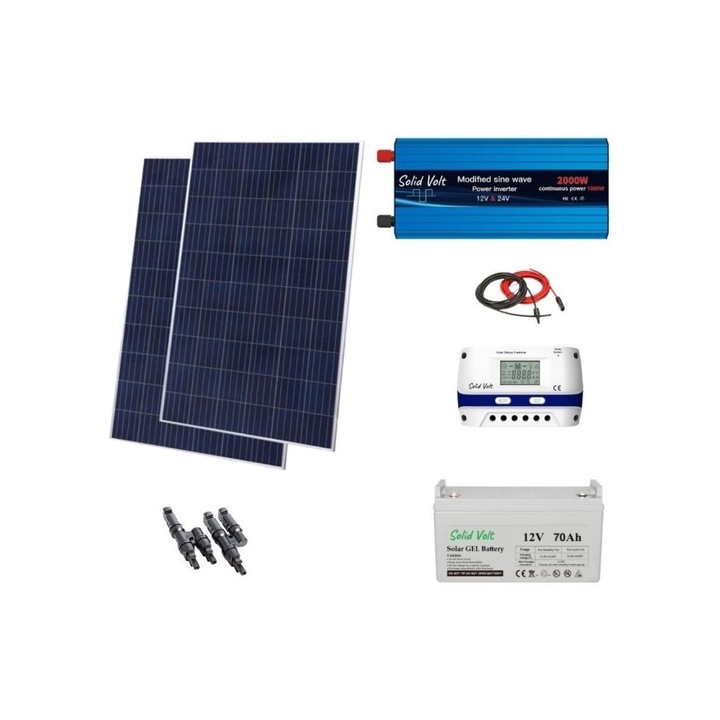 Kit solar fotovoltaic off grid Solid Volt, invertor 2000W/4000W 12V/24V, 2 panouri solare 280W, regulator/ controller 30A, baterie solara cu gel 70Ah si 20 m cablu solar cabana, rulota, casa, autorulota, container, iluminat