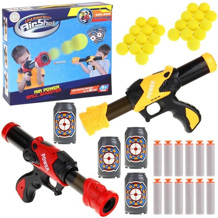 Set 2 lansatoare AirGun si acecsorii, Nobo Kids, 24 bile din spuma, 12 sageti cu ventuze, 6+, Multicolor