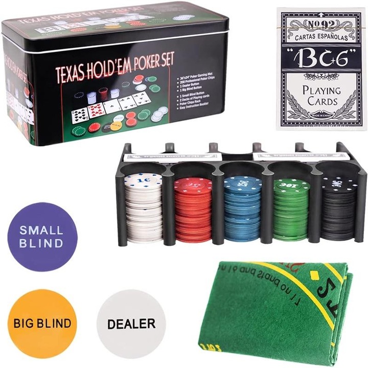 Покер комплект, 200 чипа, 2 тестета карти, игрална маса, 90 х 58 см, многоцветен