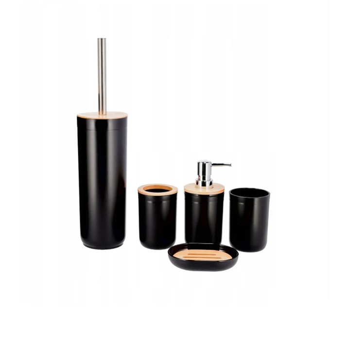Nobo Kids fürdőszobai kiegészítő készlet, 5 elem, modern design, műanyag fa fedővel, fekete, változatos méretek
