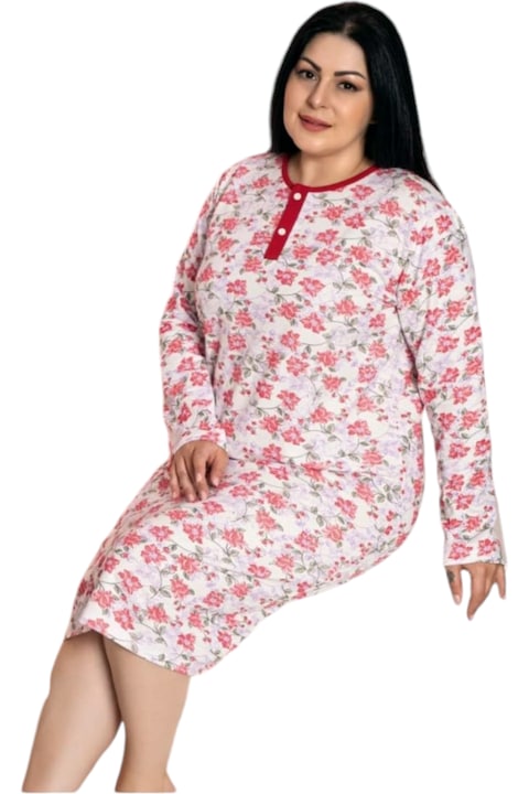Camasa de noapte, vatuita, StarFashion, cu maneca lunga, imprimeu floral, Rosu