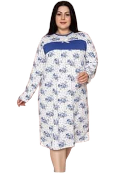 Camasa de noapte, vatuita, StarFashion, cu maneca lunga, imprimeu floral, Albastru